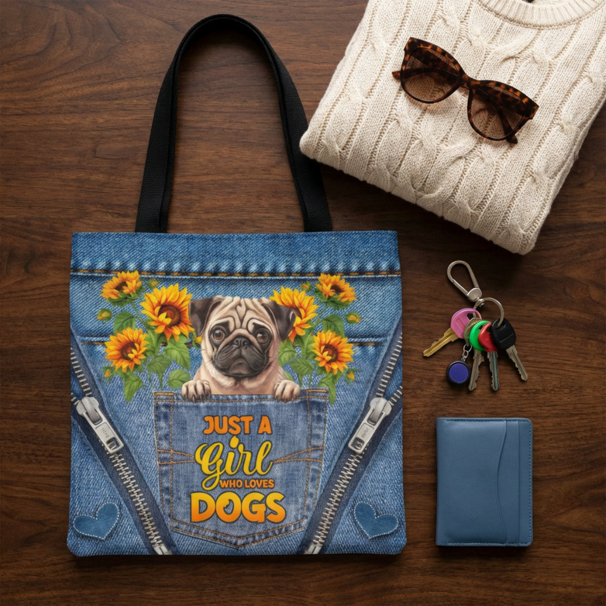 Just a Girl Who Loves Dogs" Tote Bag – Choose Your Dog Breed | Dog Mom Gift | Sunflower Denim Dog Tote | Gift for Dog Lover | Dog Breed Tote Bag