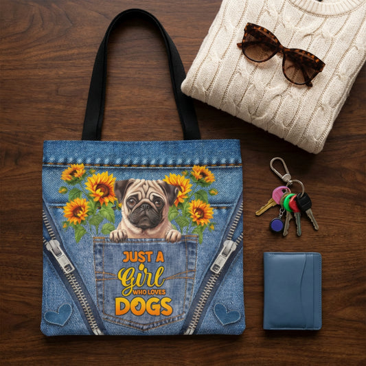 Just a Girl Who Loves Dogs" Tote Bag – Choose Your Dog Breed | Dog Mom Gift | Sunflower Denim Dog Tote | Gift for Dog Lover | Dog Breed Tote Bag