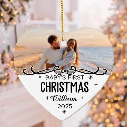 Personalized Baby’s First Christmas Ornament 2025 – Custom Photo Heart Ornament with Baby Name, Keepsake Gift for New Parents