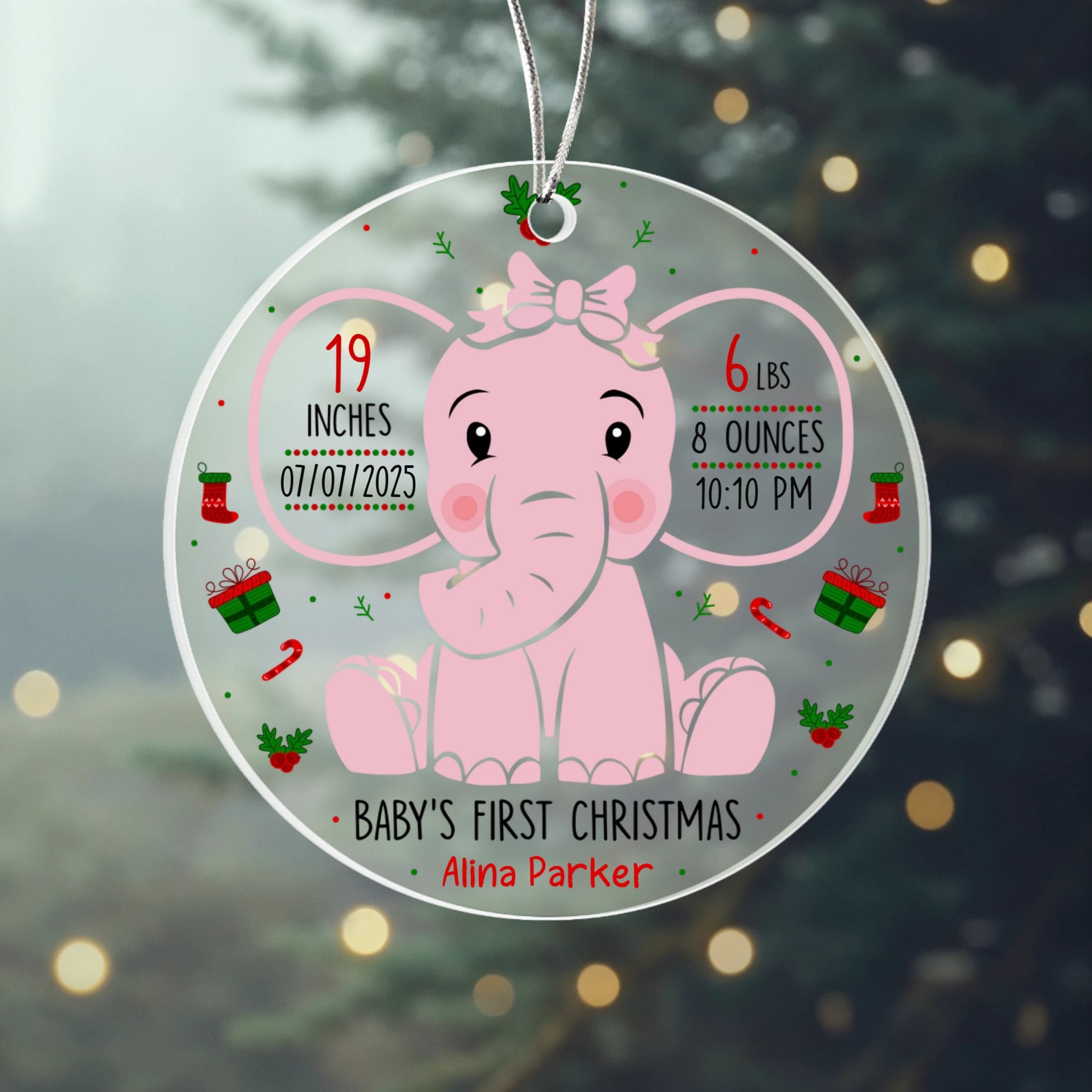 Personalized Baby’s First Christmas ornament with birth details