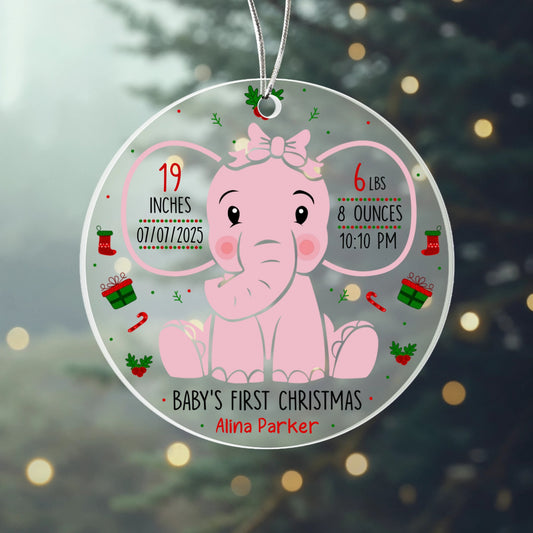 Personalized Baby’s First Christmas ornament with birth details