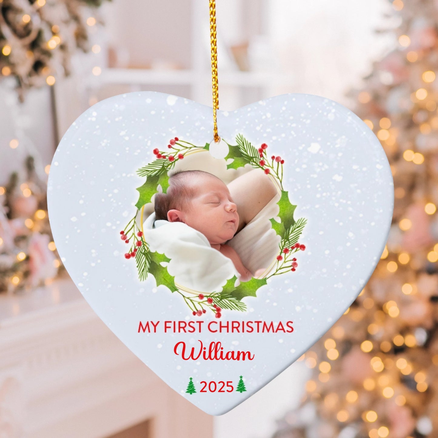 Personalized Baby’s First Christmas Ornament 2025 – Custom Heart Ornament with Photo & Name Keepsake Gift for Newborn