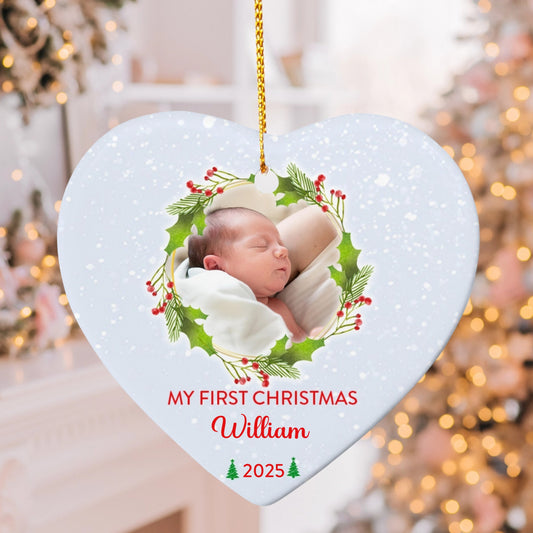 Personalized Baby’s First Christmas Ornament 2025 – Custom Heart Ornament with Photo & Name Keepsake Gift for Newborn
