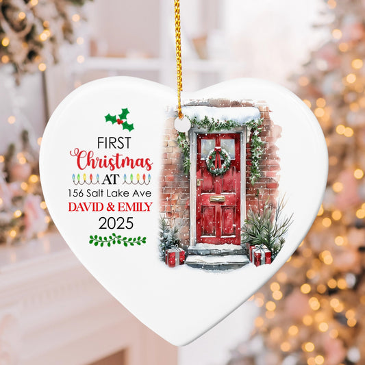 Personalized First Christmas at New Home Ornament – Custom Heart-Shaped Christmas Ornament with Address, Names & Year 2025