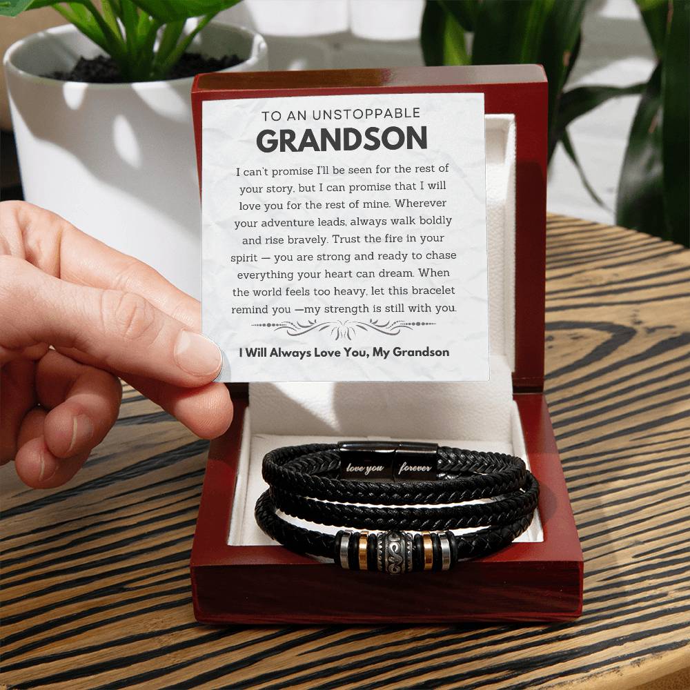 To My Grandson - Men's "Love You Forever" Leather Bracelet Gift