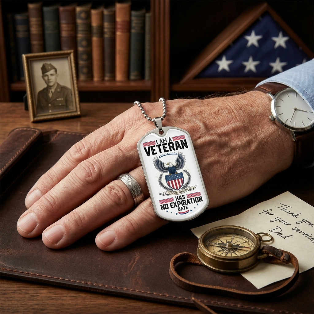 I Am A Veteran Necklace – No Expiration Date Military Dog Tag Pendant | Patriotic Veteran Gift Jewelry
