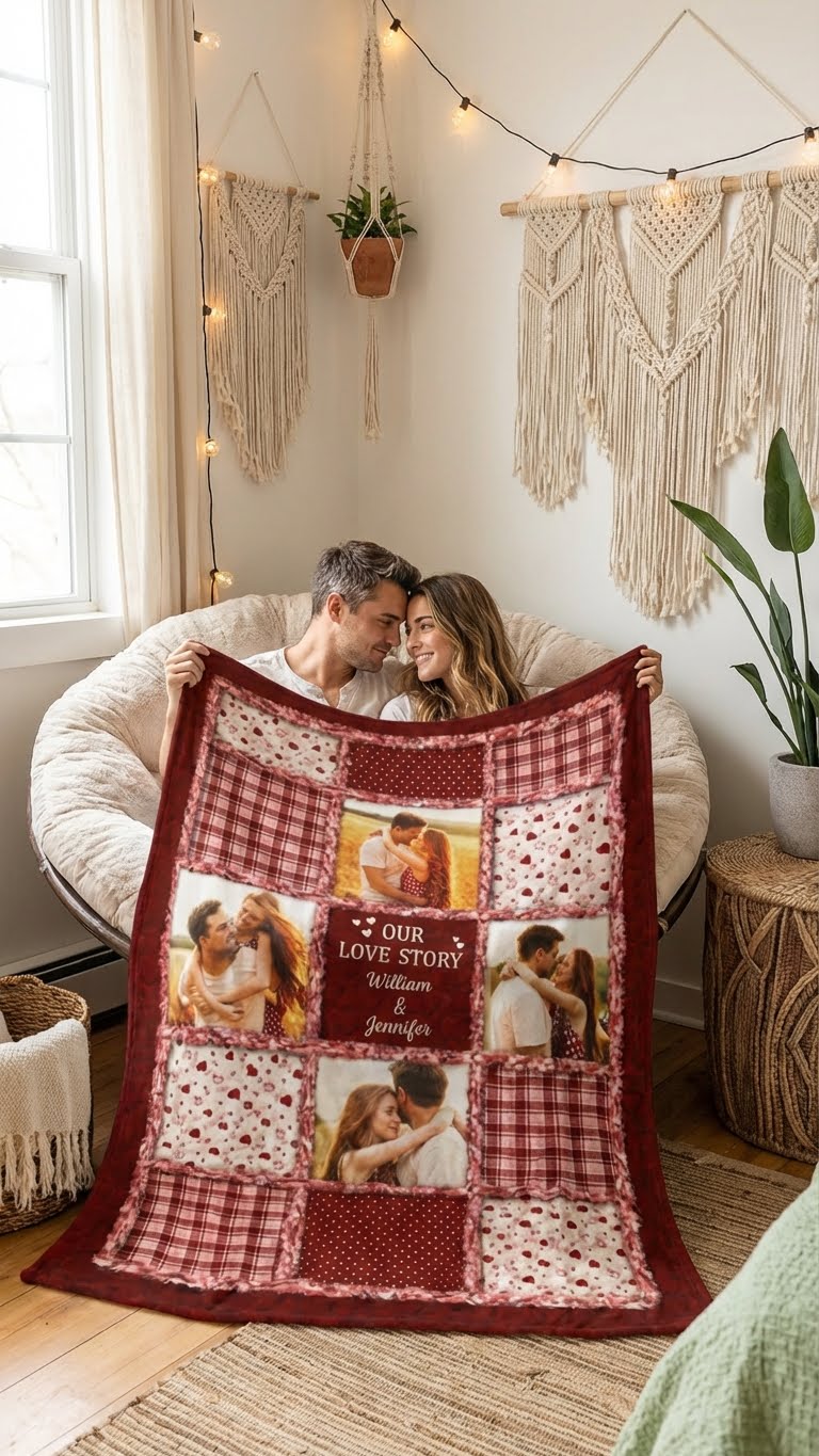 Personalized Coral Fleece Blanket with Photo & Names – Custom Couple Love Story Blanket, Romantic Gift for Anniversary, Valentine’s Day or Christmas