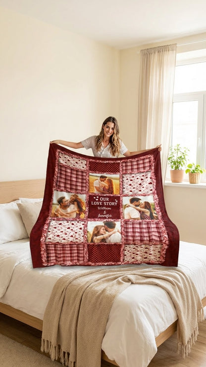 Personalized Coral Fleece Blanket with Photo & Names – Custom Couple Love Story Blanket, Romantic Gift for Anniversary, Valentine’s Day or Christmas