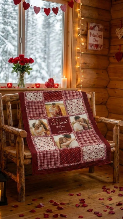 Personalized Coral Fleece Blanket with Photo & Names – Custom Couple Love Story Blanket, Romantic Gift for Anniversary, Valentine’s Day or Christmas