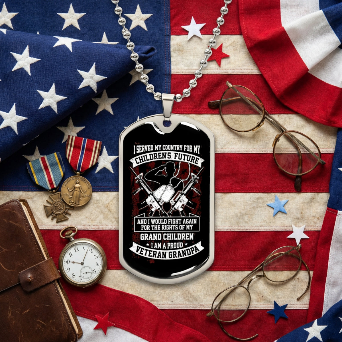 Veteran Grandpa Necklace – Proud Veteran Grandfather Dog Tag | Patriotic Gift from Grandchildren