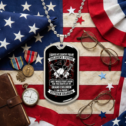 Veteran Grandpa Necklace – Proud Veteran Grandfather Dog Tag | Patriotic Gift from Grandchildren