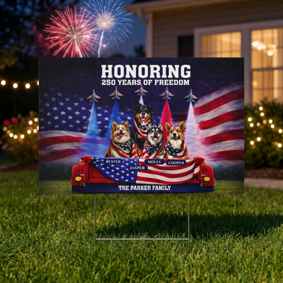 Personalized Patriotic Dog Yard Sign – "Honoring 250 Years of Freedom" | Custom Family Name & Dog Names | America 250 4th of July Yard Decor