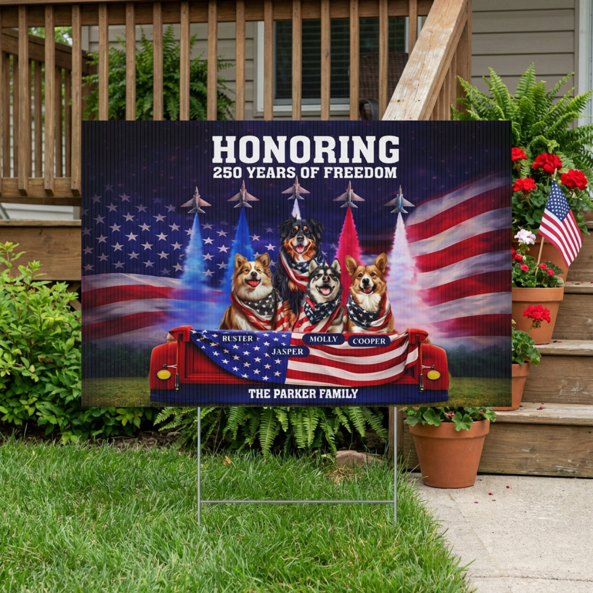 Personalized Patriotic Dog Yard Sign – "Honoring 250 Years of Freedom" | Custom Family Name & Dog Names | America 250 4th of July Yard Decor