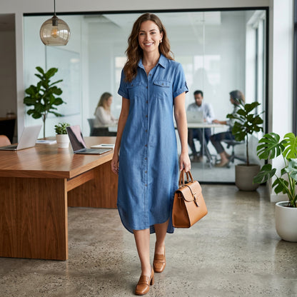 Denim-Look Longline Shirt Dress | Casual Maxi Button Down | Summer Beach Dress | Black Blue Orange | S–3XL