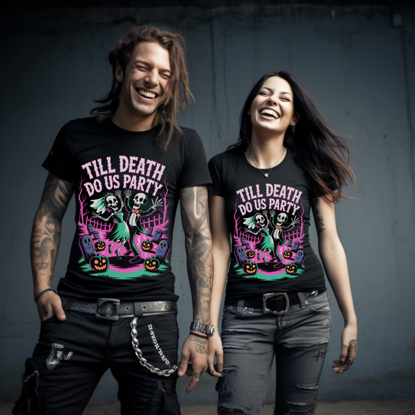 Till Death Do Us Party Skeleton Halloween Shirt – Funny Couples Tee