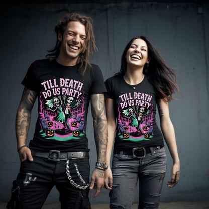 Till Death Do Us Party Skeleton Halloween Shirt – Funny Couples Tee