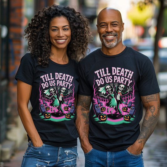 Till Death Do Us Party Skeleton Halloween Shirt – Funny Couples Tee