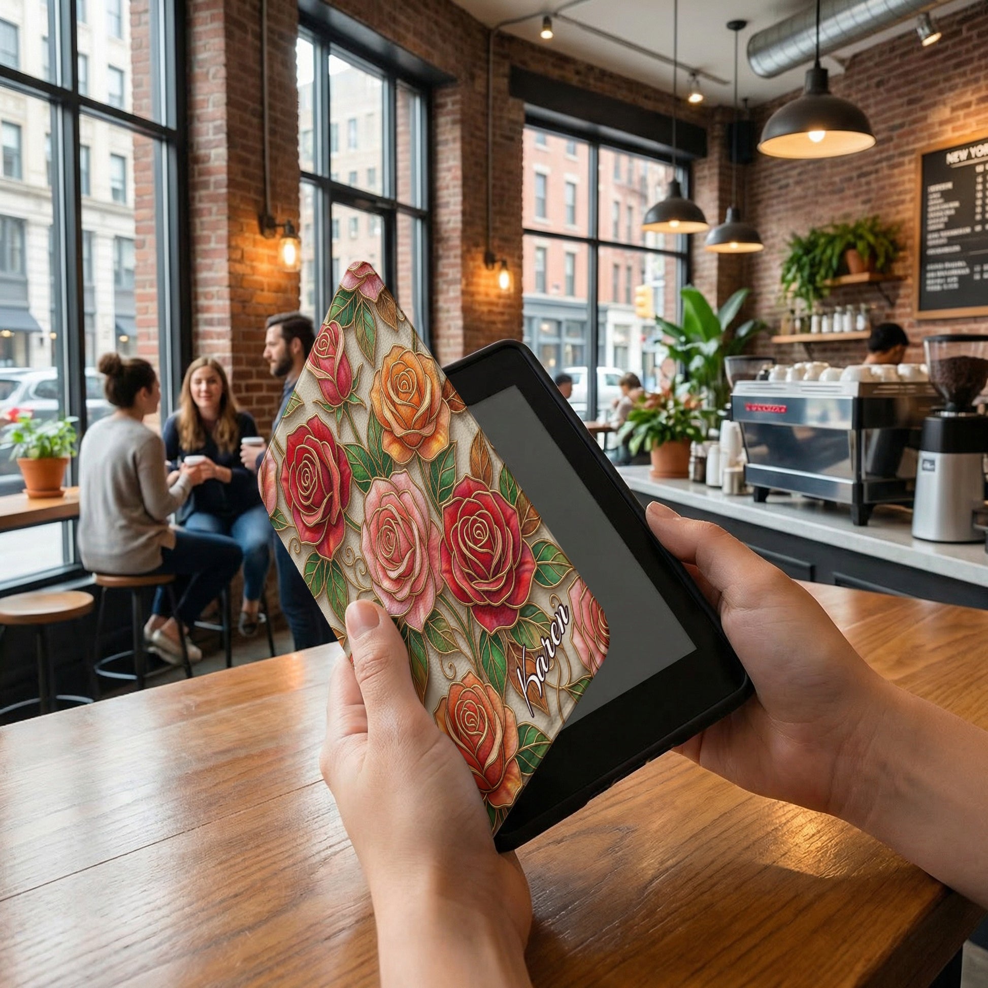 Red pink orange roses golden outlines Karen name tablet case product type