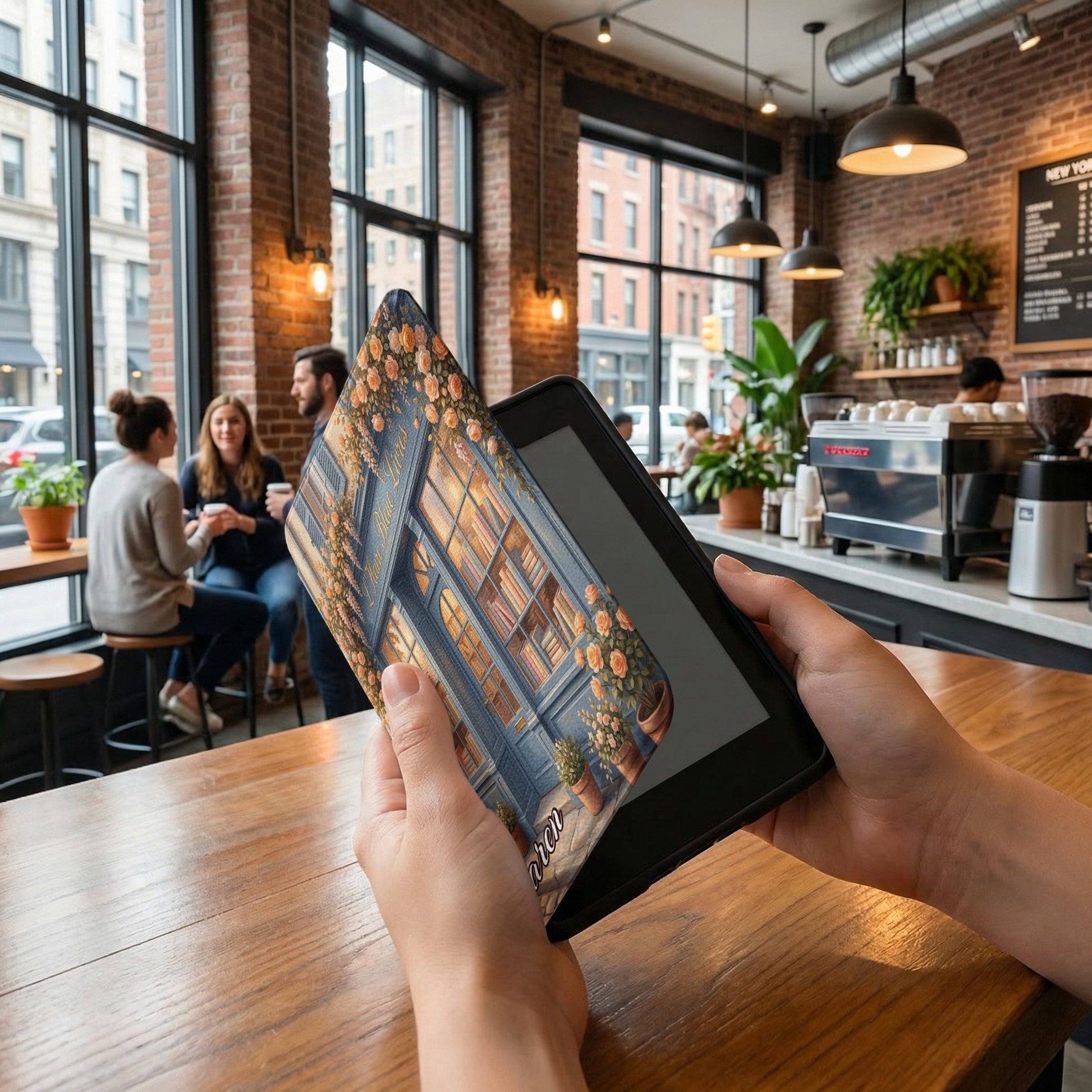 Blue bookstore facade climbing roses design e-reader case product type