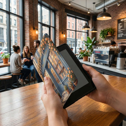 Blue bookstore facade climbing roses design e-reader case product type