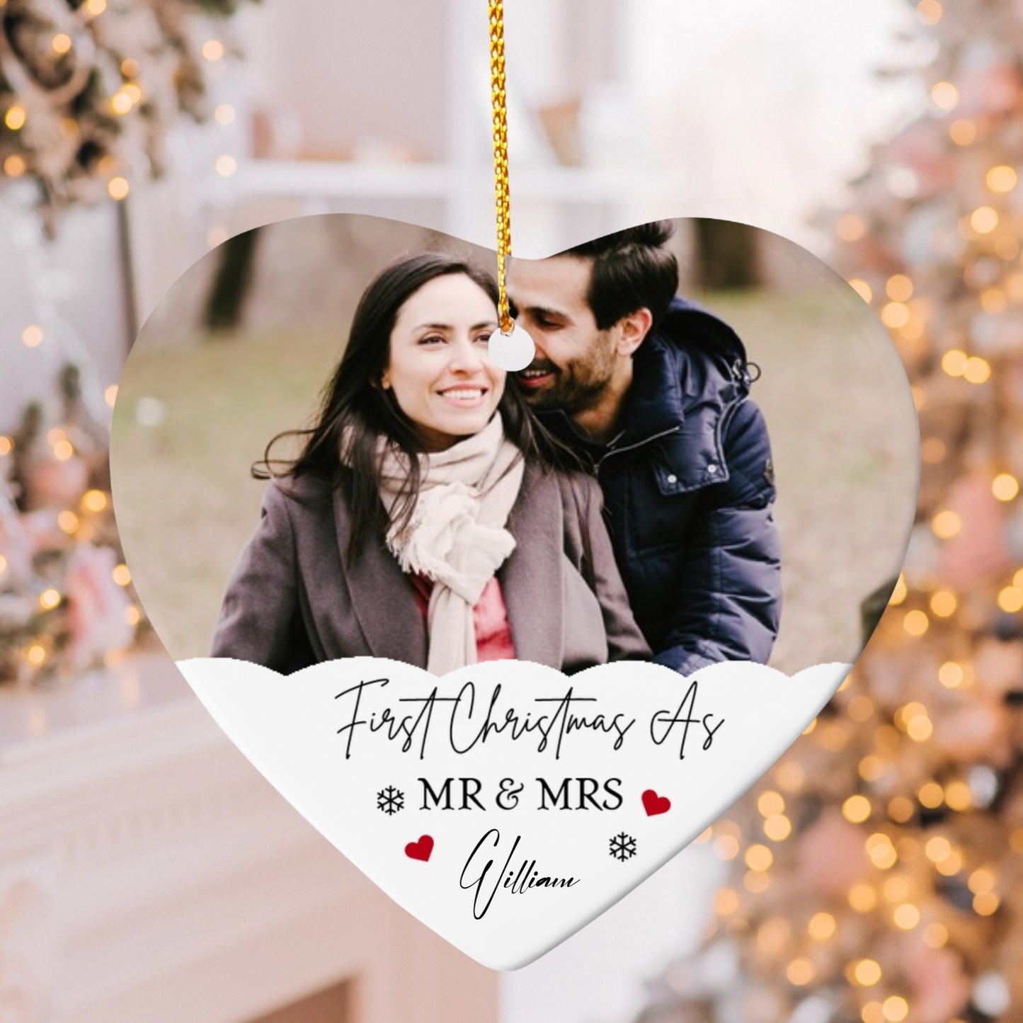 First Christmas As Mr & Mrs Photo Ornament – Personalized Ceramic Heart Ornament with Couple Picture & Family Name, Custom Newlywed Christmas Gift 2025