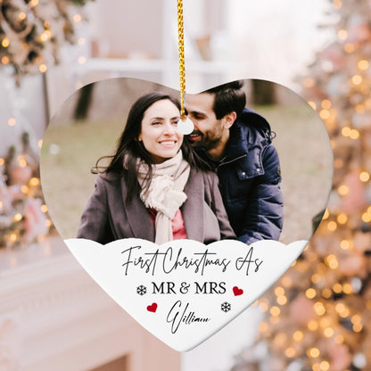 First Christmas As Mr & Mrs Photo Ornament – Personalized Ceramic Heart Ornament with Couple Picture & Family Name, Custom Newlywed Christmas Gift 2025