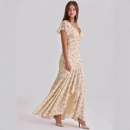 Floral Chiffon Maxi Dress – V-Neck Lace Trim Flutter Sleeve | Elegant Floral Maxi Dress for Women | Summer Vacation Dress