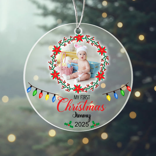 Custom Baby Ornament 2025 – My First Christmas Acrylic Photo Ornament with Name – Personalized Holiday Gift for Family
