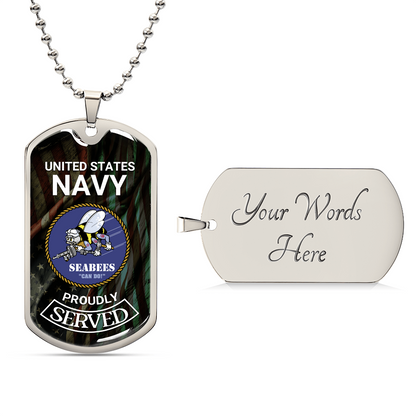 US Navy Seabees Necklace – Proud to Serve Dog Tag Pendant | Military Veteran Navy Jewelry Gift