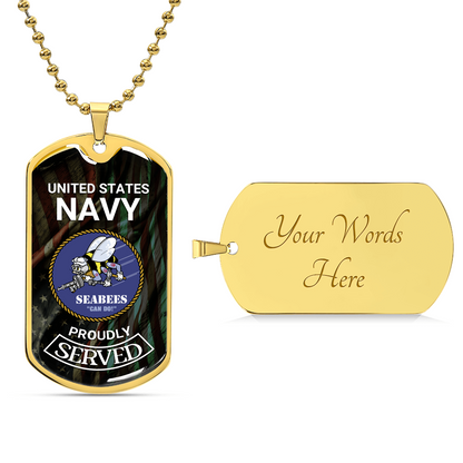 US Navy Seabees Necklace – Proud to Serve Dog Tag Pendant | Military Veteran Navy Jewelry Gift