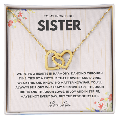 Personalized Interlocking Hearts Necklace for Sister – Custom Message Card Keepsake Gift