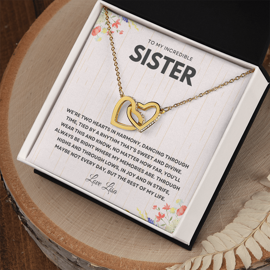 Personalized Interlocking Hearts Necklace for Sister – Custom Message Card Keepsake Gift