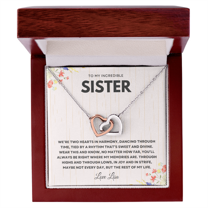 Personalized Interlocking Hearts Necklace for Sister – Custom Message Card Keepsake Gift