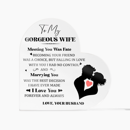 Heart-Shaped Acrylic Couple Art – Romantic Gift for Lovers, featuring heartfelt message for a gorgeous wife.