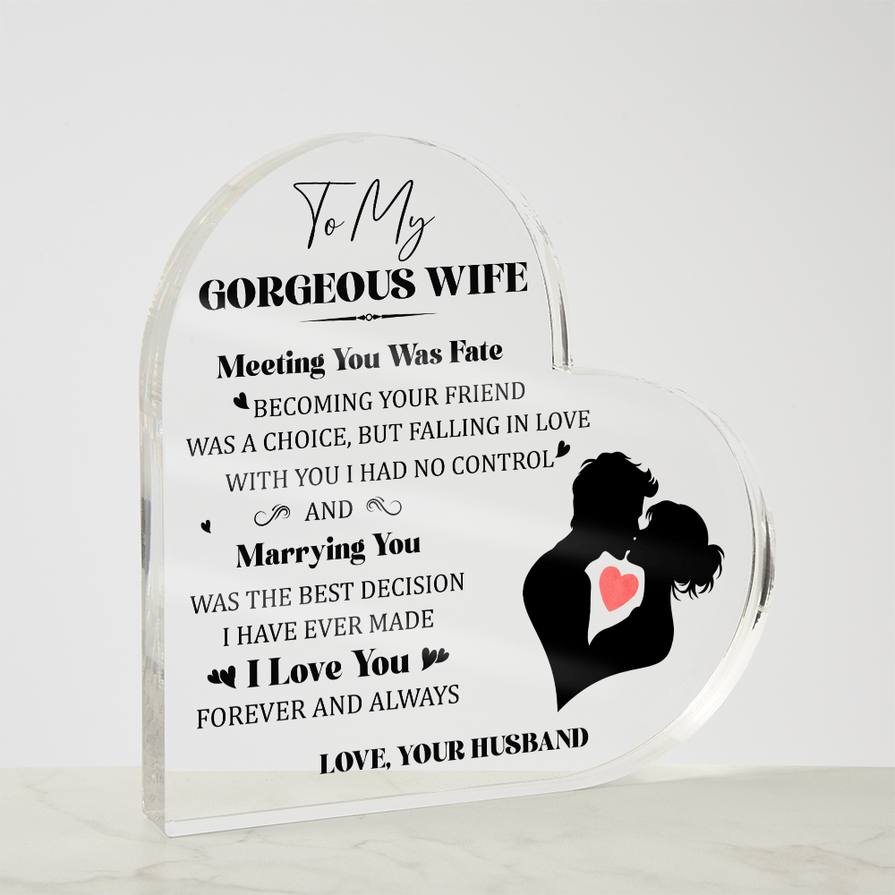 Heart-Shaped Acrylic Couple Art – Romantic Gift for Lovers, featuring a heartfelt message for your wife. Perfect for celebrating love.
