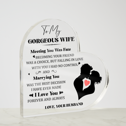 Heart-Shaped Acrylic Couple Art – Romantic Gift for Lovers, featuring a heartfelt message for your wife. Perfect for celebrating love.