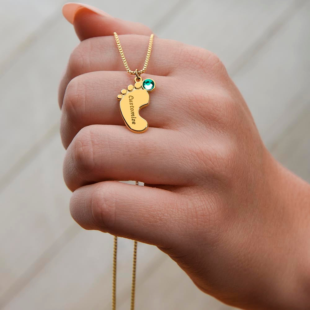 Custom Birthstone Necklace for Grandma – Footprint Pendant Gift from Grandchild
