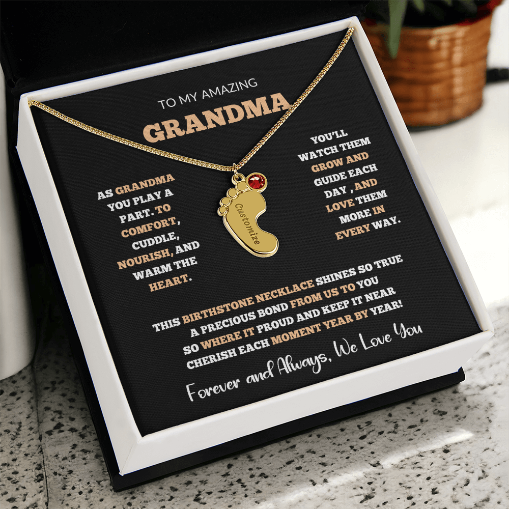 Custom Birthstone Necklace for Grandma – Footprint Pendant Gift from Grandchild