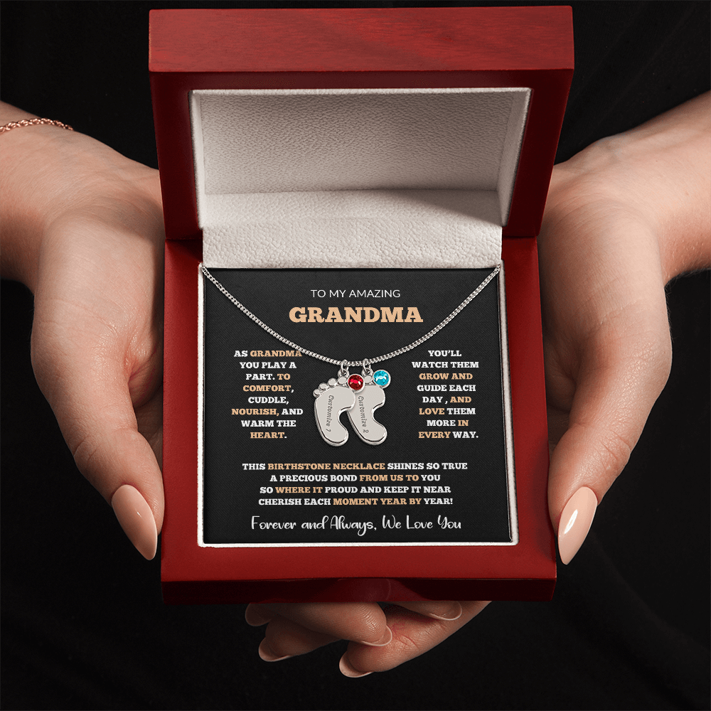Custom Birthstone Necklace for Grandma – Footprint Pendant Gift from Grandchild