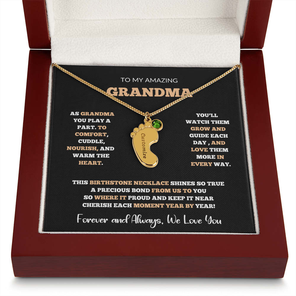 Custom Birthstone Necklace for Grandma – Footprint Pendant Gift from Grandchild