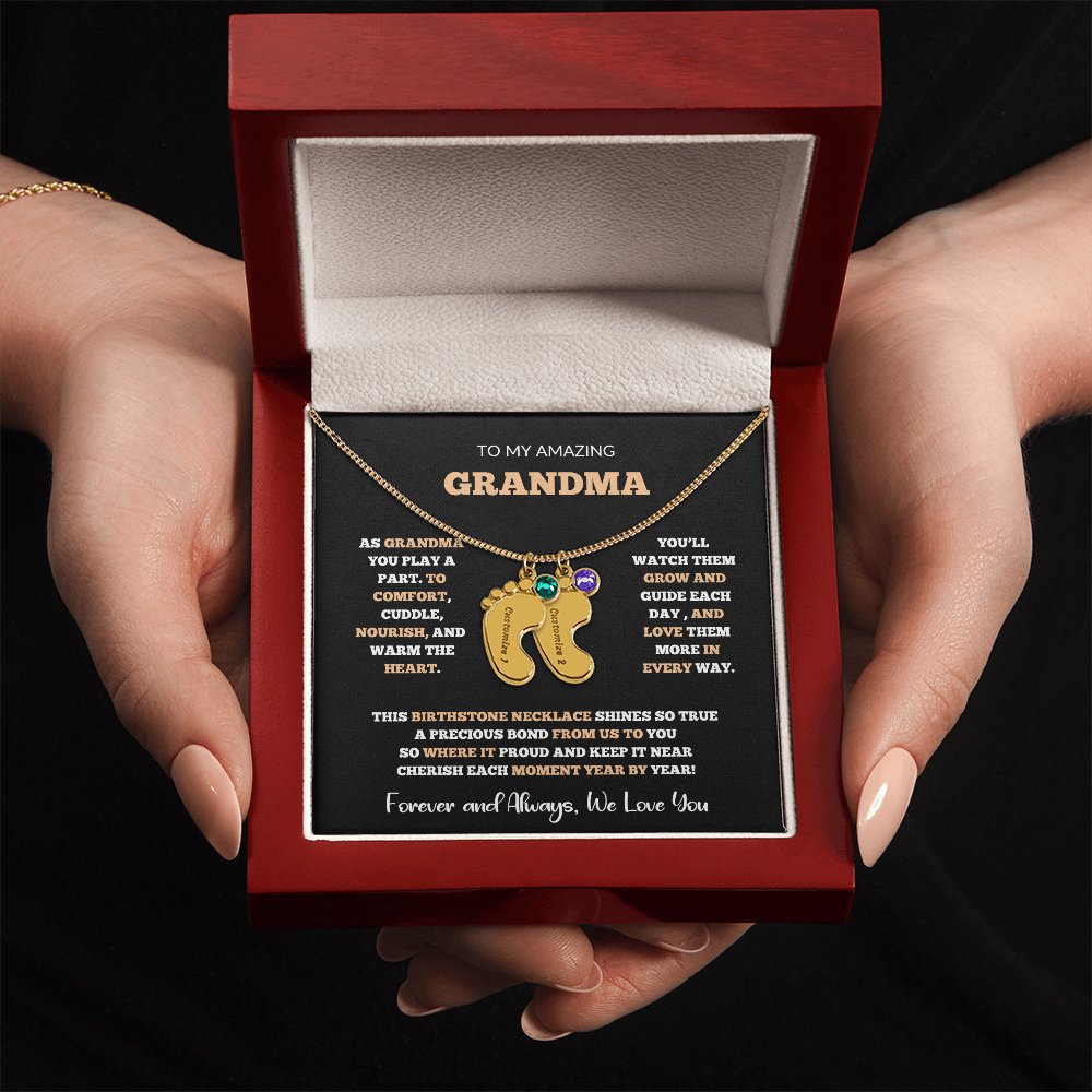 Custom Birthstone Necklace for Grandma – Footprint Pendant Gift from Grandchild