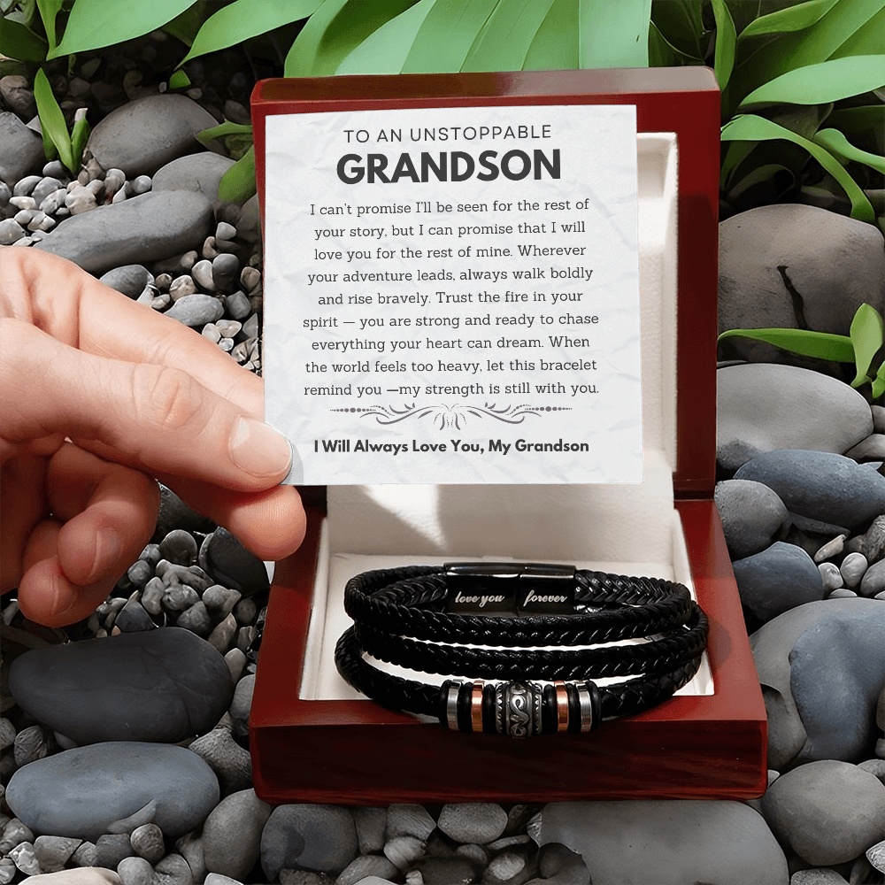 To My Grandson - Men's "Love You Forever" Leather Bracelet Gift