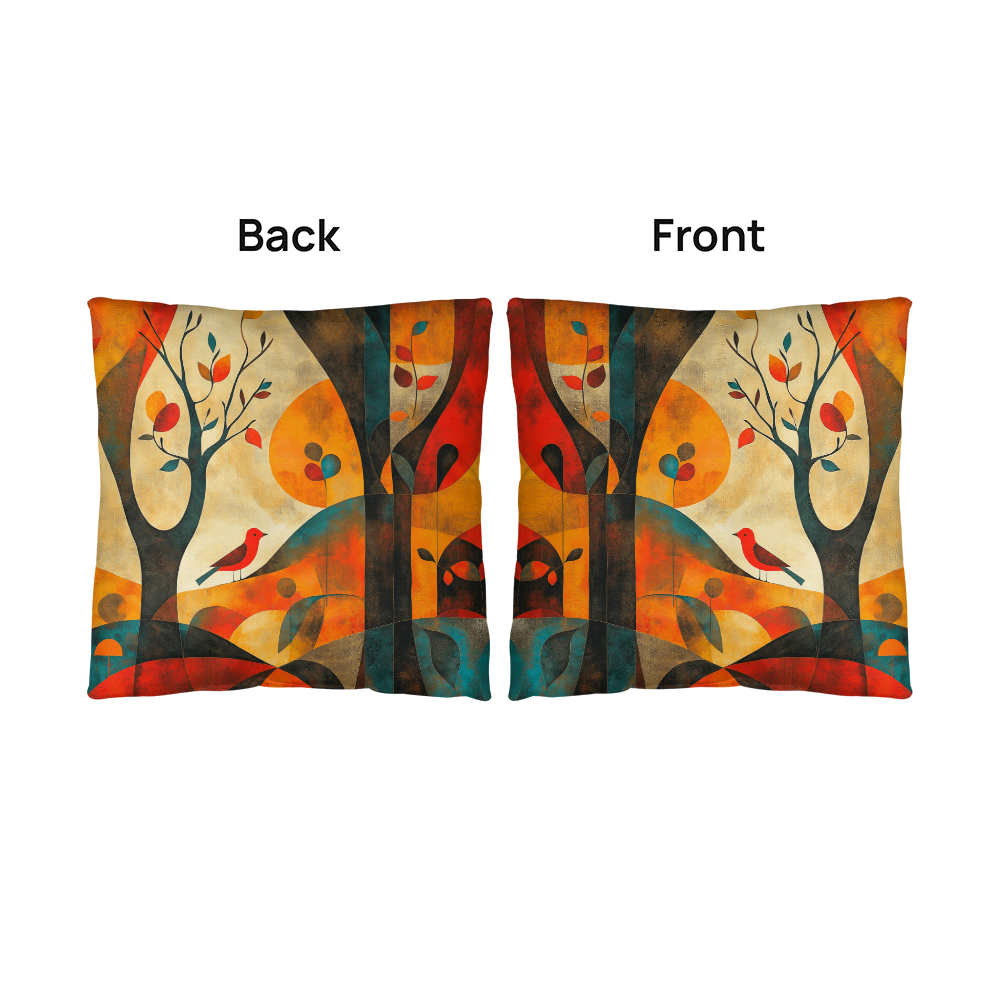 Autumn Forest Abstract Throw Pillow Red Bird Foliage Design