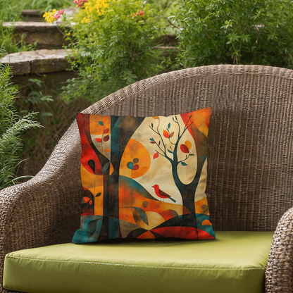 Autumn Forest Abstract Throw Pillow Red Bird Foliage Design