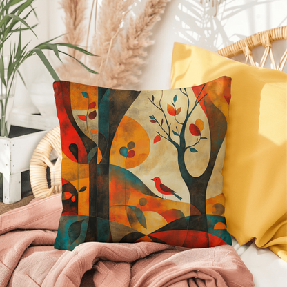 Autumn Forest Abstract Throw Pillow Red Bird Foliage Design