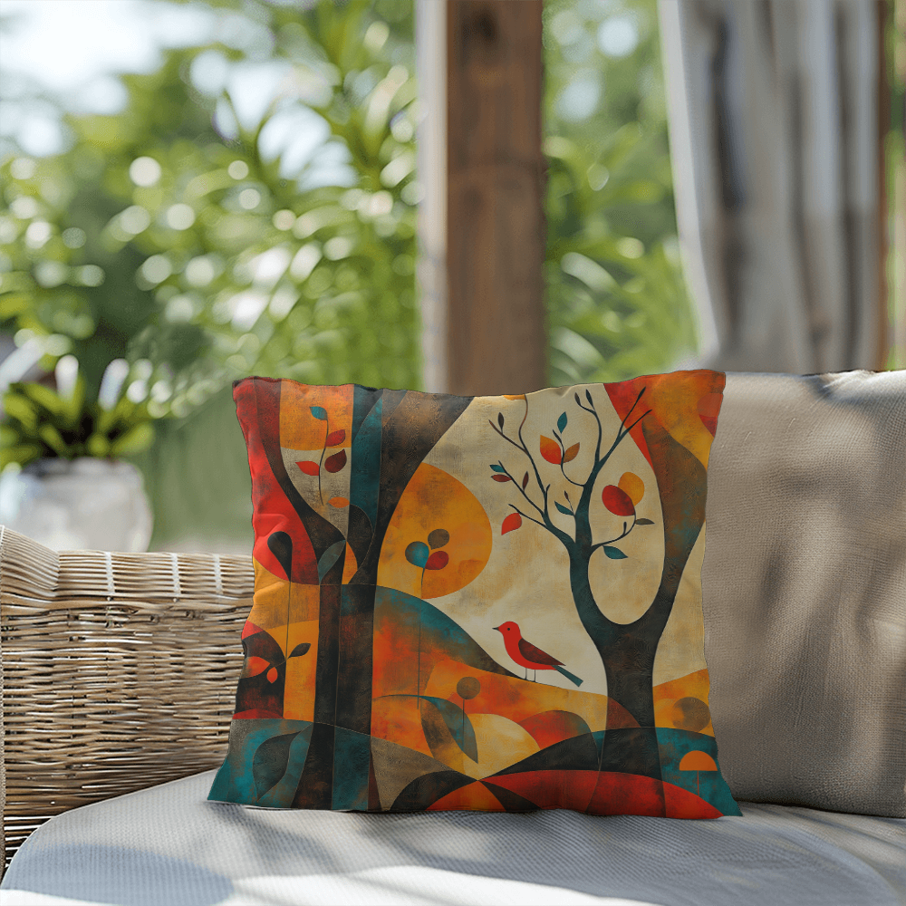 Autumn Forest Abstract Throw Pillow Red Bird Foliage Design