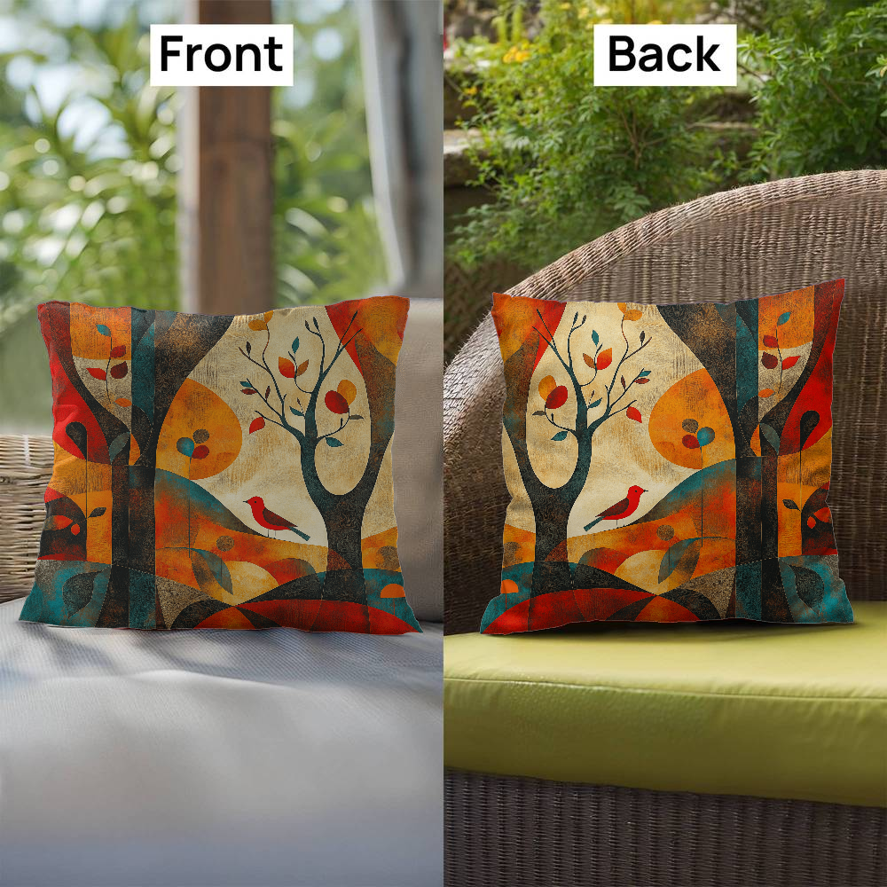 Autumn Forest Abstract Throw Pillow Red Bird Foliage Design
