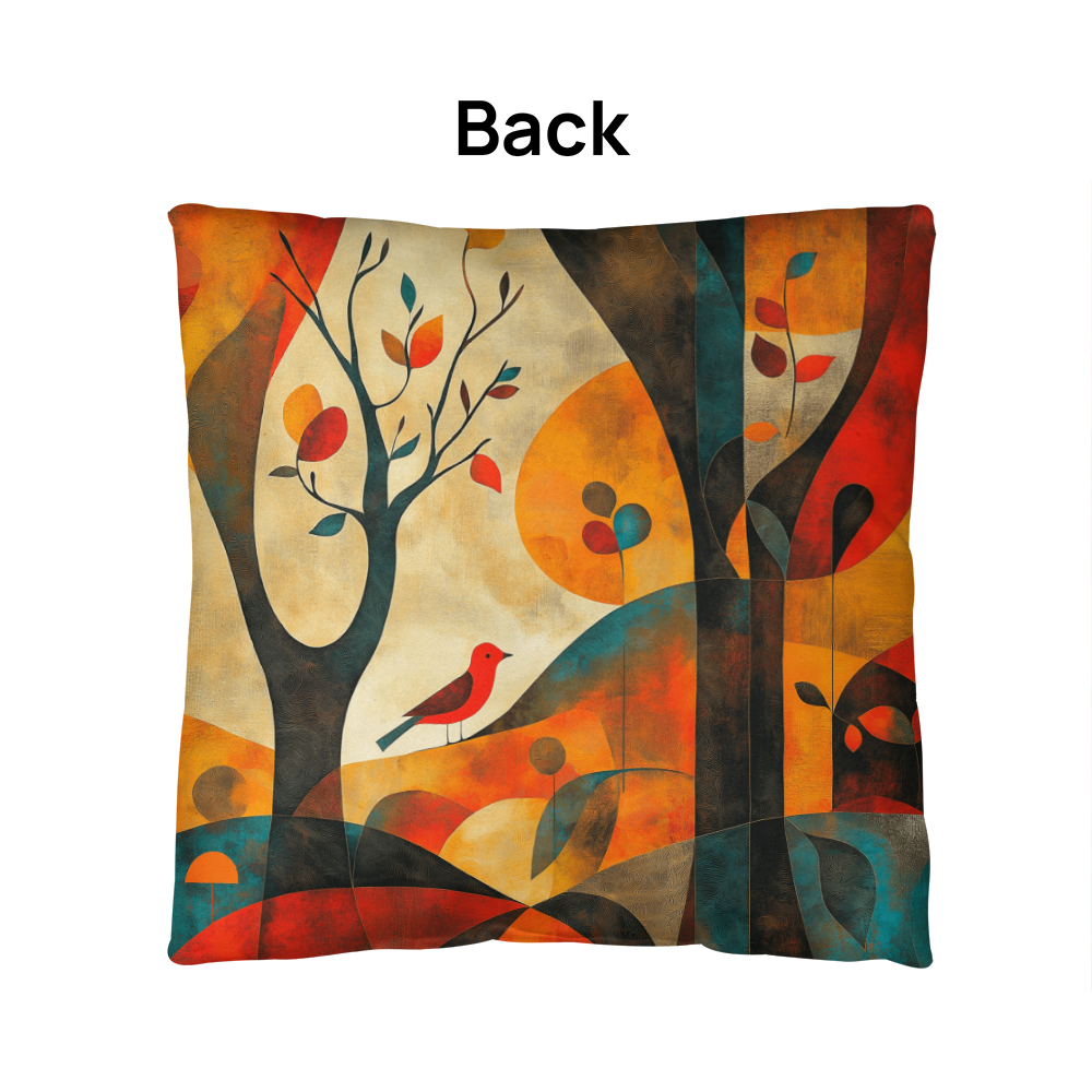 Autumn Forest Abstract Throw Pillow Red Bird Foliage Design