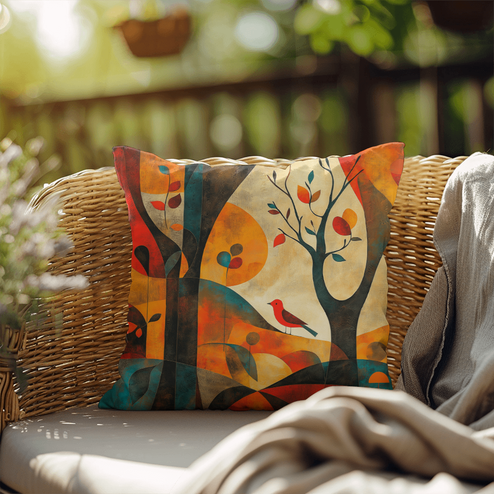 Autumn Forest Abstract Throw Pillow Red Bird Foliage Design