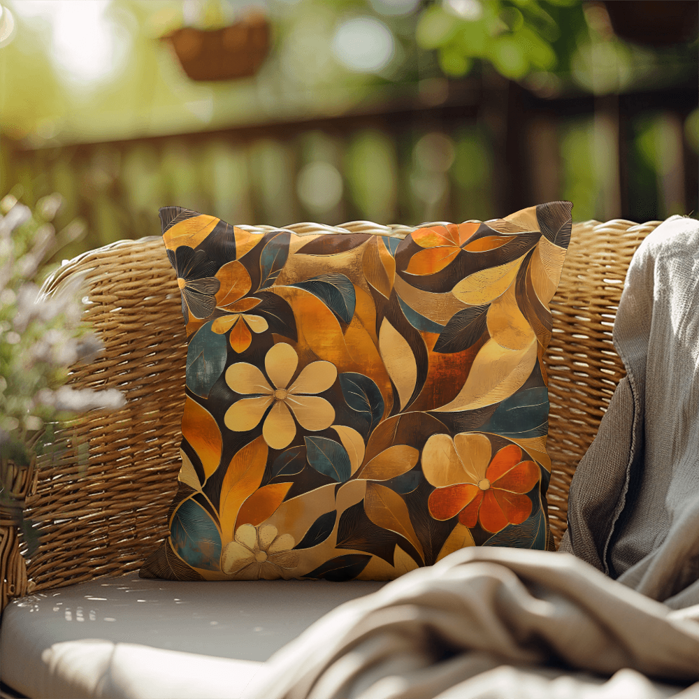 Elegant Gold Floral Throw Pillow Autumn Leaf Bloom Design